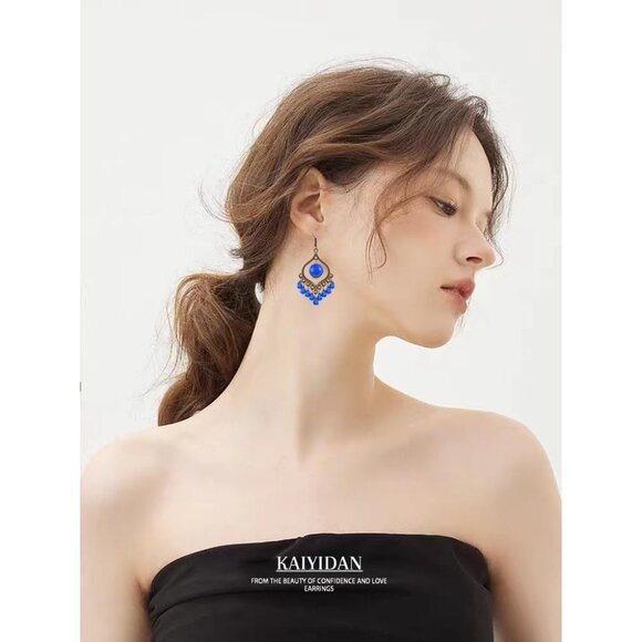 Blue Beads Tassels Retro Teardrop Vintage Long Summer Earring for Women Jewelry - Picture 3 of 9